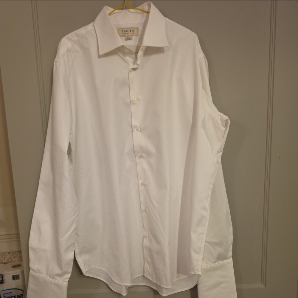 Hagen Carmel Ca Shirt Mens 17.5 36/37 White Cotton Dress Button Front
